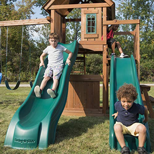 Swing-N-Slide Lookout Mountain Wooden Swing Set with Slides & Climbing Wall Brown