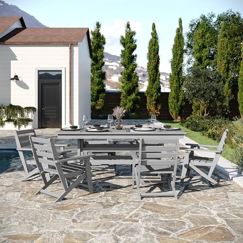 Flash Furniture Tolleson 7 PC Indoor-Outdoor Adirondack Dining Set, 72" Table & 6 Chairs with Cupholders, Gray