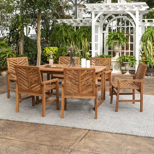 Walker Edison 7-Piece Outdoor Wood Chevron Patio Dining Set Brown