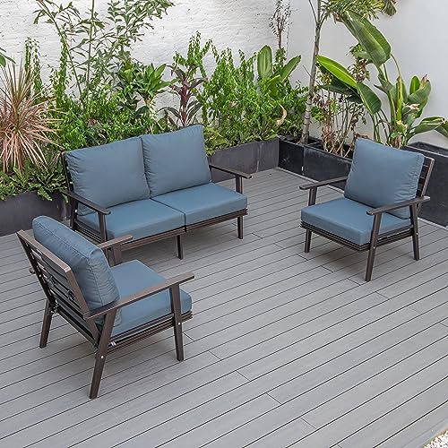 LeisureMod Walbrooke Modern 3-Piece Outdoor Set with Brown Aluminum Frame and Cushions Navy Blue
