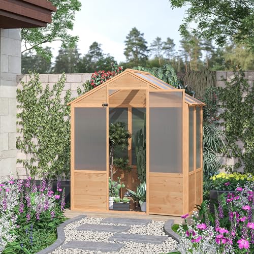 Outsunny 6' x 4' x 7' Polycarbonate Greenhouse Walk-in Kit with Lockable Door Natural Wood