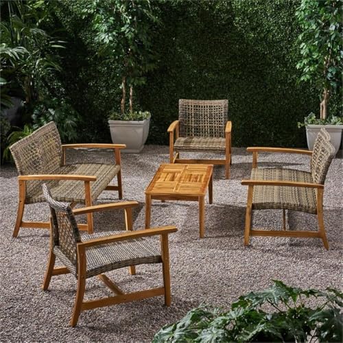 Noble House Hampton 5 Piece Outdoor Wood and Wicker Loveseat Set Grey