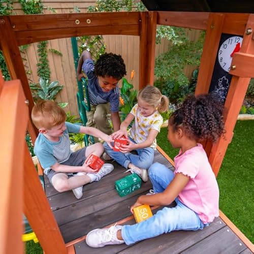 KidKraft Raptor Trail Wooden Swing Set with Twisty Ladder, Wavy Slide, Rock Wall Brown