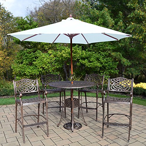 Oakland Living Ice Cooler Cart Elite Mississippi Bar Set with Table, Bar Stools, Umbrella and Stand Antique Bronze