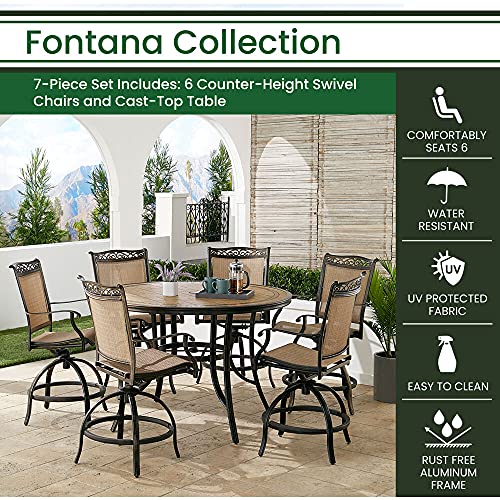 Hanover Fontana 7-Piece Outdoor High-Dining Patio Set with 6 Sling Swivel Chairs and Round Table, Tan/Bronze