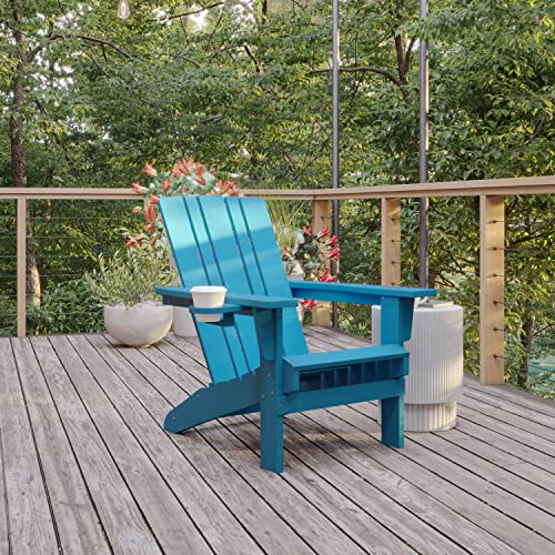 Flash Furniture Halifax Adirondack Chairs Set of 4 with Cup Holders, Weather Resistant Poly Resin Blue