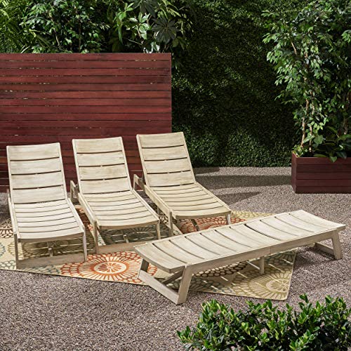 Great Deal Furniture GDFStudio Outdoor Acacia Wood Chaise Lounge Set of 4 Light Gray Wash, Gray Metal
