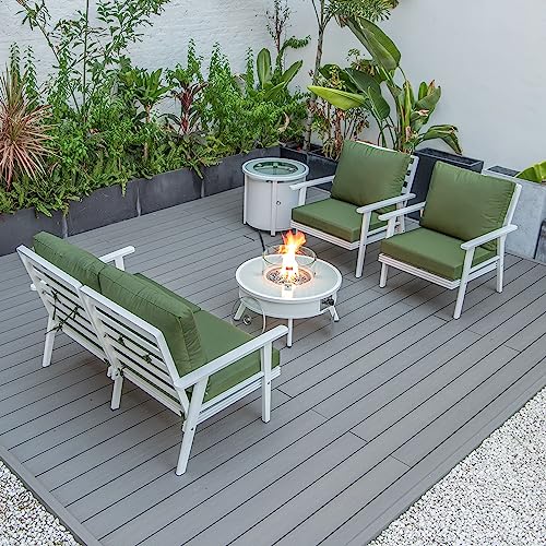 LeisureMod Walbrooke Modern Aluminum 5-Piece Patio Conversation Set with Firepit Table Green