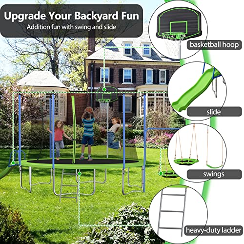 Lyromix 14FT Trampoline with Slide, Swings & Basketball Hoop, Green