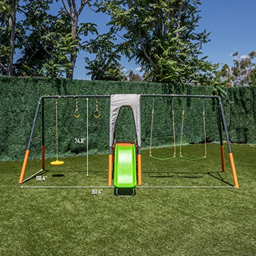 Jungle Warrior Jaguar Metal Swing Set with Slide & Gymnastic Rings Orange/Green/Grey