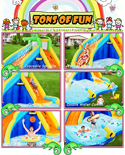 ROOJER 8-in-1 Inflatable Water Slide Bounce House with Blower and Accessories - Multi-Color