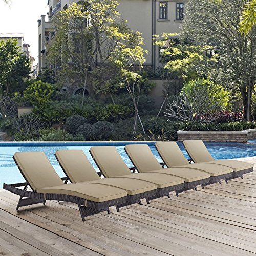 Modway Convene Wicker Rattan Outdoor Patio Chaise Lounge Chairs Set of 6 Mocha