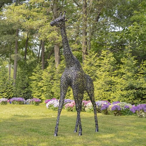 Zaer Ltd. 9 Ft Tall Mommy and 7 Ft Tall Baby Giraffe Iron Garden Statues Metallic Black and Silver
