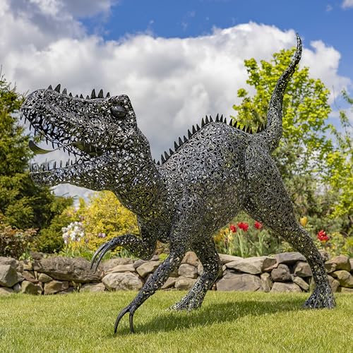 Zaer Ltd. 7.33ft Tall Giant Metal Tyrannosaurus Rex Garden Statue Chompers Metallic