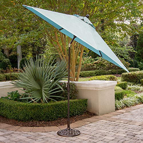 Hanover 5-Piece Traditions 48" Cast-Top Aluminum Patio Dining Set with Cushioned Chairs and Umbrella Stand Blue