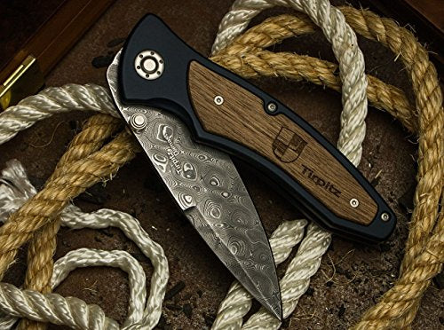 Böker Tirpitz Damascus Folding Knife 3-7/8" Straight Edge Blade Brown