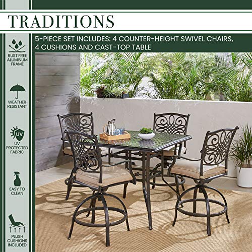 Hanover Traditions 5-Piece High-Dining Set with Cushioned Swivel Chairs and 42" Square Cast-Top Table Tan