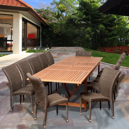 Amazonia Derby 13-Piece Eucalyptus/Wicker Extendable Rectangular Dining Set Eucalyptus