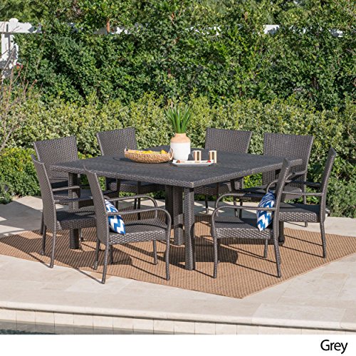 Christopher Knight Home Fiona Outdoor Stacking Wicker Square Dining Set, 9-Pcs Grey