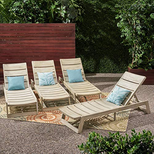 Great Deal Furniture GDFStudio Outdoor Acacia Wood Chaise Lounge Set of 4 Light Gray Wash, Gray Metal