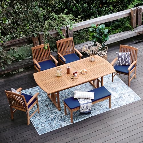 Cambridge Casual Caterina Teak Wood 6-Piece Outdoor Dining Set Natural Teak/Navy Cushion