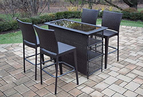 Oakland Living Ice Cooler Cart Elite All Weather Resin Wicker 5 Pc. Bar Set with 4 Bar Stools Coffee