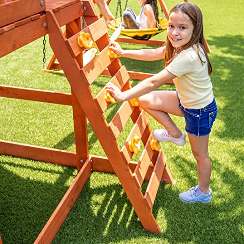 Sportspower Sandalwood Wood Swing Set with Swings, Slide & Playhouse Green