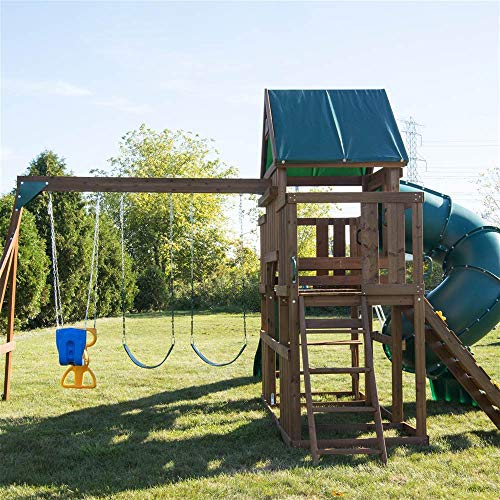 Swing-N-Slide Tellico Terrace Wood Swing Set with Slides, Climbing Wall & Swings Brown