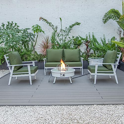 LeisureMod Walbrooke Modern Aluminum 5-Piece Patio Conversation Set with Firepit Table Green