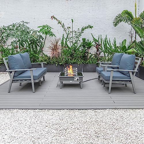 LeisureMod Walbrooke Modern Aluminum 5-Piece Patio Conversation Set with Fire Pit Table Navy Blue