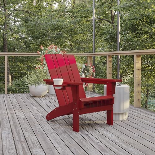 BizChair Adirondack Chairs Set of 4 with Cup Holders, Weather Resistant Poly Resin Red