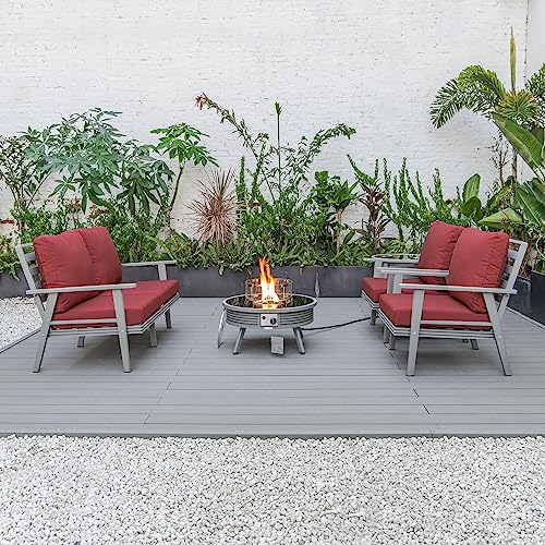 LeisureMod Walbrooke Modern Aluminum 5-Piece Patio Conversation Set with Fire Pit Table Red