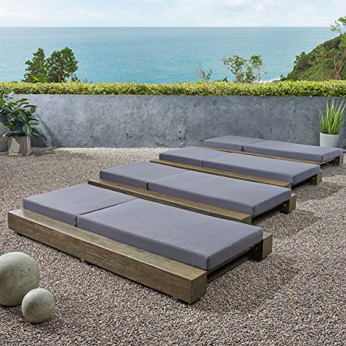 Great Deal Furniture Outdoor Acacia Wood Chaise Lounge Cushion Set of 4 Sandblast Gray Finish, Dark Gray