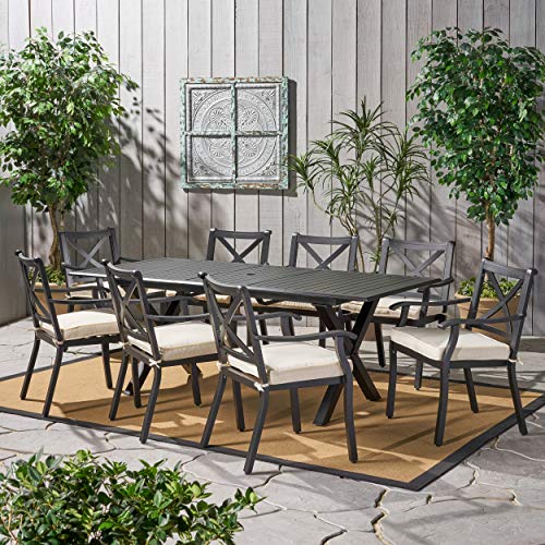 Christopher Knight Home Exuma 9-Pc Outdoor Cast Aluminum Dining Set with Expandable Table and Water Resistant Cushions Black/Ivory