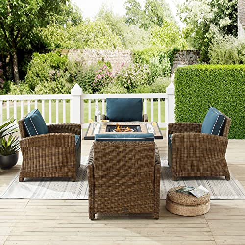 Crosley Furniture Bradenton 5-Piece Wicker Outdoor Patio Set with Propane Fire Pit, Brown with Navy Cushions