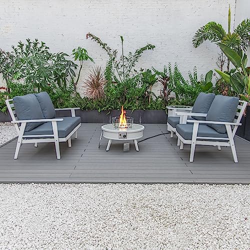 LeisureMod Walbrooke Modern Aluminum 5-Piece Patio Conversation Set with Fire Pit Navy Blue