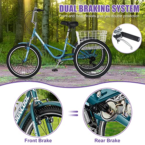 DoCred Adult Folding Tricycle 7-Speed 20/24/26-Inch Peacock Blue