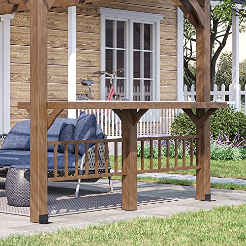 Outsunny 14' x 10' Outdoor Pergola Wooden Grill Gazebo with Bar Counters and Seating Benches Brown