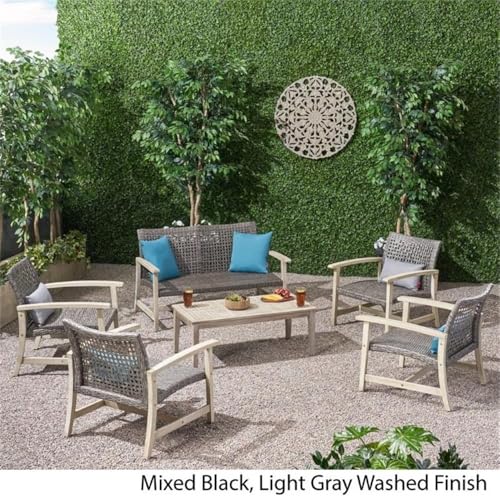 Noble House Hampton 6 Piece Outdoor Wood and Wicker Loveseat Set Black