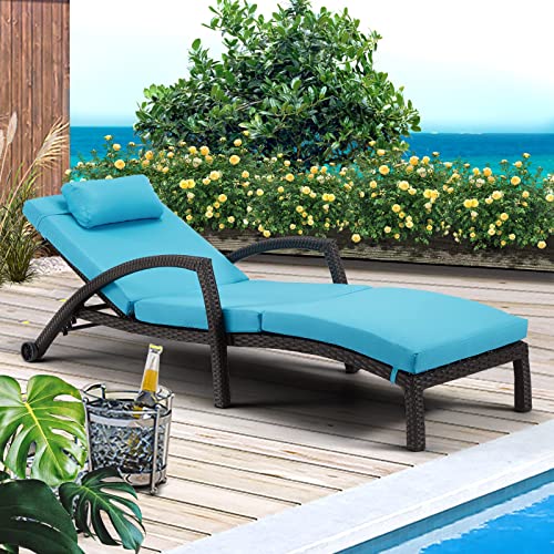 HOMREST Chaise Lounge Chairs Set of 6 PE Rattan Wicker Adjustable Pool Lounger Blue