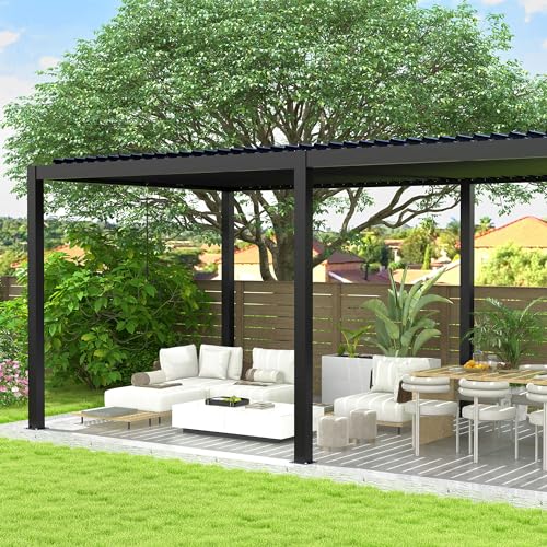 Kaimei Aluminum Pergola with Tilting Steel Louvers 10x19FT Outdoor Patio Cover Black