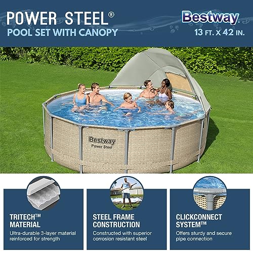 Bestway Power Steel 13' x 42" Round Above Ground Swimming Pool Set with Canopy Brown Wicker Print