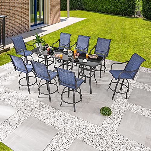 Festival Depot 11pcs Patio Dining Set Bar Height Swivel Bistro Chairs with Armrest and Glass Top Table Blue