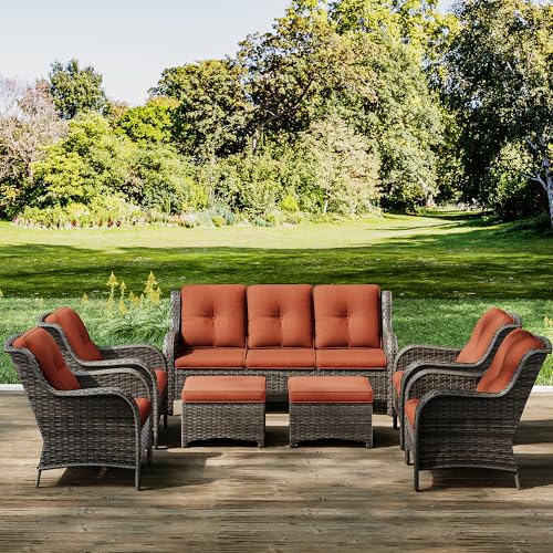 Joyside 7-Piece Wicker Patio Furniture Set with Sofa, Armchairs, Ottomans Orange