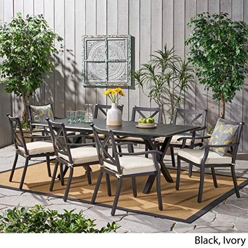 Christopher Knight Home Exuma 9-Pc Outdoor Cast Aluminum Dining Set with Expandable Table and Water Resistant Cushions Black/Ivory