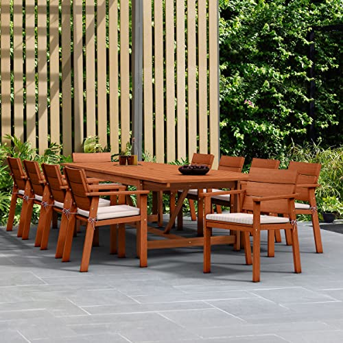 Brampton Patio 11-Piece Extendable Dining Table Set Eucalyptus Wood with White Cushions Brown