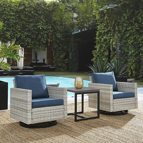 HUMMUH 3-Piece Patio Swivel Chairs Bistro Set Light Beige/Blue