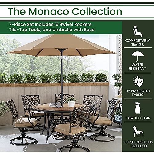 Hanover Monaco 7-Piece Outdoor Patio Dining Set with 6 Cushioned Swivel Rocker Chairs, 60" Round Table, Umbrella & Base, Tan