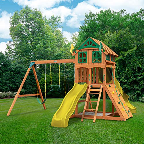 Gorilla Playsets Wood Swing Set with Roof & Tube Slide Amber