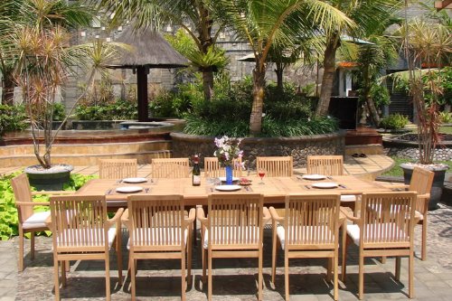 WholesaleTeak 9 Pc Luxurious Grade-A Teak Dining Set with 94" Rectangle Table and 8 Lua Stacking Arm Chairs Brown